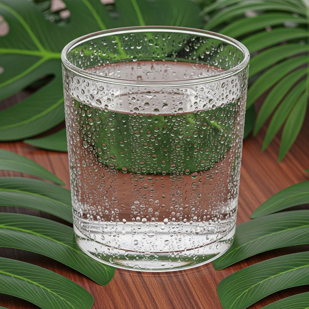 Close-up of a clear glass of fresh water with condensation droplets on the outside, surrounded by green tropical leaves on a wooden surface